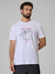 4F T-shirt regular z nadrukiem męski - biały L. Białe koszulki sportowe męskie 4f, l, bez wzorów, z materiału, biznesowe, bez kołnierzyka. Za 69.99 zł.