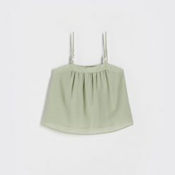 Bluzka z ozdobnymi kamieniami - oliwkowy. Zielone bluzki damskie Reserved, l, bez wzorów, z tkaniny, bez kołnierzyka, bez ramiączek. W wyprzedaży za 29.99 zł.