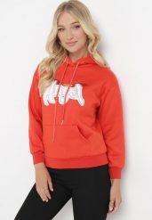 Pomarańczowa Bluza Ocieplona z Kapturem i Nadrukiem Wesa. Brązowe bluzy damskie Born2be, l, bez wzorów, z jeansu, z kapturem. Za 84.99 zł.