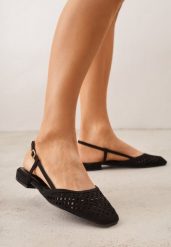 Czarne Sandały Slingback z Kwadratowym Noskiem i Ażurową Cholewką Jurria. Czarne baleriny damskie Renee, w ażurowe wzory, z jeansu, bez obcasa, bez zapięcia. Za 89.99 zł.