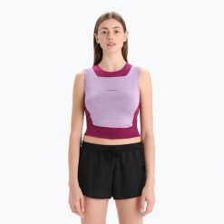 Koszulka termoaktywny damska icebreaker Zoneknit Cropped Bra-Tank. Fioletowe koszulki sportowe damskie Icebreaker, bez wzorów, bez kołnierzyka, bez ramiączek, narciarskie. Za 219.99 zł.
