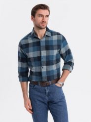 Koszula męska flanelowa w kratę - niebieska V4 - Rozmiar: S. Niebieskie koszule męskie Ombre Clothing, m, bez wzorów, bez kołnierzyka, bez ramiączek. W wyprzedaży za 79.99 zł.