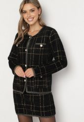 Czarno-Złoty Dzianinowy Komplet w Kratkę z Kardiganem i Spódnicą Ozdobiony Eleganckimi Guzikami Rairel. Czarne spódnice damskie Born2be, s, bez wzorów, z dzianiny, eleganckie, dopasowane. Za 89.99 zł.