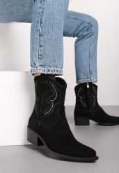 Czarne Botki Kowbojki na Obcasie z Ozdobnymi Przeszyciami Miarielen. Czarne botki damskie Born2be, z jeansu, eleganckie, bez obcasa, na obcasie, bez zapięcia. Za 169.99 zł.