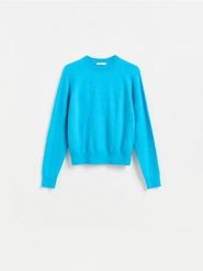 Gładki sweter - niebieski. Niebieskie swetry damskie Reserved, l, bez wzorów, z dzianiny, bez kołnierzyka, bez ramiączek, bez kaptura. Za 119.99 zł.