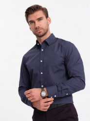 Męska koszula bawełniana we wzory SLIM FIT - ciemnoniebieska V1. Niebieskie koszule męskie Ombre Clothing, l, bez wzorów, z bawełny, klasyczne, bez kołnierzyka, bez ramiączek. W wyprzedaży za 79.99 zł.