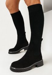Czarne Kozaki z Elastyczną Cholewką przed Kolano Marianes. Czarne kozaki damskie Born2be, z dzianiny, przed kolano, bez obcasa, na obcasie. Za 159.99 zł.