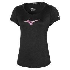 Koszulka do biegania damska Mizuno Impusle Core RB Tee. Czarne koszulki sportowe damskie Mizuno, xs, bez wzorów, ze skóry, bez kołnierzyka, bez ramiączek, do biegania. Za 69.99 zł.