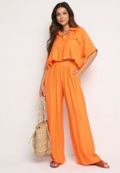 Pomarańczowy Wiskozowy Komplet 2-Częściowy Luźna Koszula Spodnie z Szerokimi Nogawkami Ulvitela. Brązowe koszule damskie Born2be, bez wzorów, z wiskozy. Za 149.99 zł.