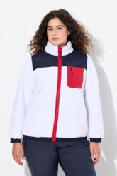Damskie Kurtka z pluszowego polaru naszywka stójka. Białe kurtki damskie Ulla Popken, plus size, z aplikacjami, z materiału, bez kaptura. Za 429.99 zł.