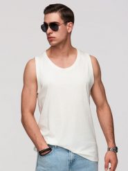 Męska bawełniana koszulka tank top BASIC – biała V1 - Rozmiar: L. Białe t-shirty męskie Ombre Clothing, na lato, l, z aplikacjami, z bawełny, wakacyjne, bez kołnierzyka. Za 119.99 zł.