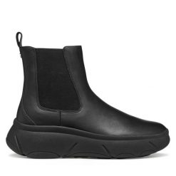 Sztyblety Geox. Czarne botki damskie Geox, bez obcasa, na płaskiej podeszwie, bez zapięcia. Za 729.99 zł.