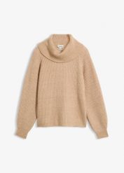 Sweter z miękkiej mieszanki wełny. Brązowe swetry damskie bonprix, bez wzorów, z materiału, bez kołnierzyka, bez ramiączek, bez kaptura. Za 269.99 zł.