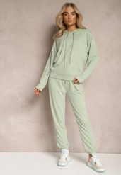 Jasnozielony Klasyczny Komplet Dresowy z Bluzą Kangurką i Spodniami Typu Jogger Salevia. Zielone bluzy damskie Renee, m, bez wzorów, z dresówki, bez kaptura. Za 74.99 zł.