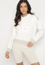 Biała Bluza z Kapturem Metaliczną Nitką i Ściągaczami Ulinisa. Białe bluzy damskie Born2be, m, bez wzorów, z jeansu, z kapturem. Za 79.99 zł.