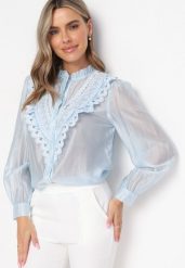 Niebieska Koszula z Koronką Walaa. Niebieskie bluzki damskie Born2be, m, bez wzorów, z koronki, bez kołnierzyka, bez ramiączek. Za 129.99 zł.