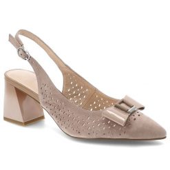 Sandały damskie S.Barski, slingback ze skóry naturalnej z ażurową cholewką i ozdobną klamrą na stabilnym słupku, beżowe, CR61-3017. Brązowe klapki damskie S.BARSKI, w ażurowe wzory, ze skóry, eleganckie, bez obcasa, na obcasie. Za 339.00 zł.