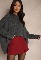 Bordowe Spódnico-Szorty High Waist z Rozcięciem Vikone. Czerwone szorty damskie Renee, l, bez wzorów, eleganckie, z podwyższonym stanem. Za 49.99 zł.