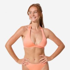Góra kostiumu kąpielowego surfingowego damski Decathlon Cora Zuma. Brązowe bikini damskie Decathlon, bez wzorów. Za 79.99 zł.