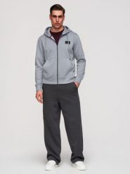 Męska rozpinana bluza dresowa z kapturem i naszywką – szara V1 - Rozmiar: L. Szare bluzy męskie Ombre Clothing, l, z aplikacjami, z bawełny, z kapturem. Za 169.99 zł.