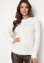 Biały Klasyczny Prążkowany Sweter Zinadre. Białe swetry damskie Born2be, m, bez wzorów, z jeansu, eleganckie, bez kołnierzyka, bez ramiączek, długie, bez kaptura. Za 74.99 zł.