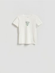 T-shirt z nadrukiem - biały. Białe t-shirty damskie Reserved, l, bez wzorów, z bawełny, bez kołnierzyka. Za 35.99 zł.