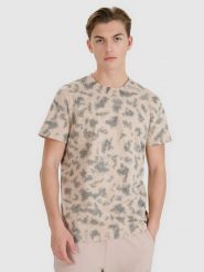 4F T-shirt oversize z nadrukiem męski - beżowy M. Brązowe koszulki sportowe męskie 4f, m, bez wzorów, z bawełny, klasyczne, bez kołnierzyka. W wyprzedaży za 39.99 zł.