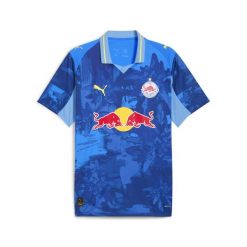 Męska koszulka KIDSUPER × FC RED BULL SALZBURG PUMA. Niebieskie koszulki sportowe męskie Puma, m, bez wzorów, bez kołnierzyka, bez ramiączek, do piłki nożnej. Za 419.00 zł.