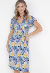 Niebiesko-Żółta Rozkloszowana Sukienka z Metaliczną Nitką i Wiązanym Paskiem Noldan. Niebieskie sukienki damskie Born2be, na lato, l, bez wzorów, z materiału, bez kołnierzyka, bez ramiączek, rozkloszowane. Za 69.99 zł.