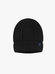 Czarna prążkowana czapka. Czarne szaliki i chusty damskie Ryłko, na jesień, bez wzorów, z nylonu, eleganckie. Za 49.99 zł.