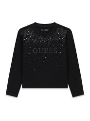 Guess Bluzka J6BI08 K5778 Czarny Regular Fit. Czarne bluzki dla dziewczynek Guess, z aplikacjami, z bawełny, bez kołnierzyka, bez ramiączek. Za 124.99 zł.