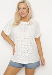 Biały T-shirt z Bawełną i Ażurowym Wzorem Puzira. Białe bluzki damskie Born2be, s, w ażurowe wzory, z bawełny, eleganckie, bez kołnierzyka. Za 34.99 zł.