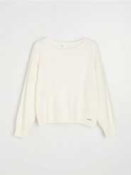 Jednolity sweter z domieszką wiskozy - kremowy. Białe swetry damskie Sinsay, l, bez wzorów, z wiskozy, bez kołnierzyka, bez ramiączek, bez kaptura. Za 45.99 zł.
