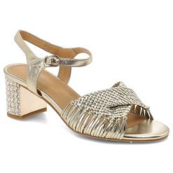 Sandały damskie S.Barski, cholewka ze skóry naturalnej na stabilnym obcasie z plecioną cholewką i biżuteryjnym zdobieniem, złote, CR61-3092. Żółte klapki damskie S.BARSKI, z aplikacjami, ze skóry, bez obcasa, na obcasie, bez zapięcia. Za 296.90 zł.