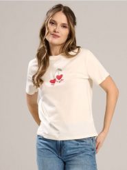 Bawełniana koszulka z haftowanym napisem Me My Baby - kremowy. Białe t-shirty damskie Sinsay, l, bez wzorów, z bawełny, bez kołnierzyka. Za 25.99 zł.