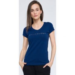 T-shirt damski TSD259 - granatowy. Niebieskie t-shirty damskie 4f, z nadrukiem, z bawełny. Za 34.99 zł.