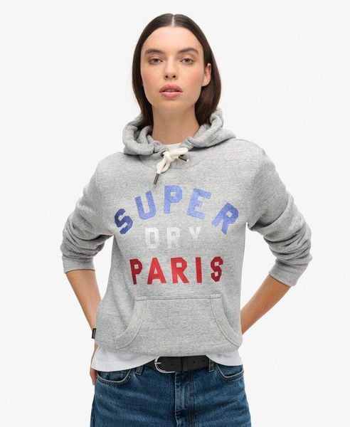 Bluza z kapturem z błyszczącym logo graficznym. Szare bluzy damskie Superdry., m, bez wzorów, z bawełny, z kapturem. Za 265.20 zł.