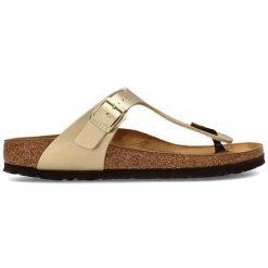 Japonki damskie Birkenstock Gizeh. Żółte klapki damskie Birkenstock, bez wzorów, z materiału, bez obcasa. Za 296.10 zł.
