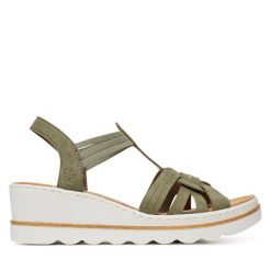Sandały Rieker. Zielone sandały damskie Rieker, bez wzorów, bez obcasa, na koturnie, bez zapięcia. Za 209.99 zł.