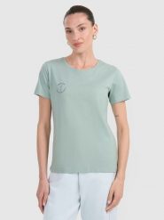 4F T-shirt regular z nadrukiem damski - turkusowy XXL. Niebieskie t-shirty damskie 4f, xxl, bez wzorów, z bawełny, bez kołnierzyka. Za 59.99 zł.