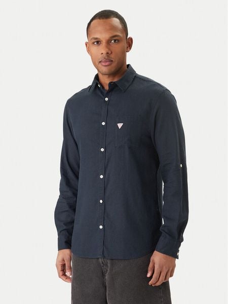 Guess Koszula F6GH06 WG3L0 Granatowy Regular Fit. Niebieskie koszule męskie Guess, l, z aplikacjami, ze lnu, bez kołnierzyka, bez ramiączek. Za 216.99 zł.