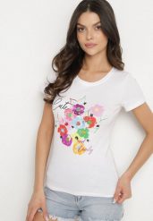 Biało-Niebieski T-shirt z Bawełny z Ozdobnym Nadrukiem Zaromeira. Białe bluzki damskie Born2be, l, bez wzorów, z bawełny, eleganckie, bez kołnierzyka. Za 29.99 zł.