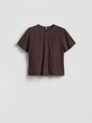 T-shirt z wiązaniem - ciemnobrązowy. Brązowe t-shirty damskie Reserved, l, bez wzorów, z tkaniny, klasyczne, bez kołnierzyka. Za 99.99 zł.
