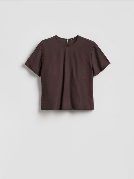 T-shirt z wiązaniem - ciemnobrązowy. Brązowe t-shirty damskie Reserved, l, bez wzorów, z tkaniny, klasyczne, bez kołnierzyka. Za 99.99 zł.