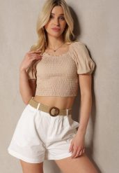 Białe Szorty z Bawełny High Waist o Kroju Bermudów Zapinane na Zamek Błyskawiczny i Guzik z Plecionym Paskiem z Klamrą Iannestra. Białe szorty damskie Renee, m, bez wzorów, z bawełny, z podwyższonym stanem. Za 89.99 zł.