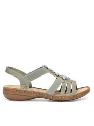 Rieker Sandały 60839-52 Zielony. Zielone klapki damskie Rieker, bez wzorów, z materiału, bez obcasa, na płaskiej podeszwie, bez zapięcia. Za 289.99 zł.