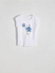 T-shirt kimono z nadrukiem - biały. Białe t-shirty damskie Reserved, l, bez wzorów, z bawełny, bez kołnierzyka. W wyprzedaży za 35.99 zł.