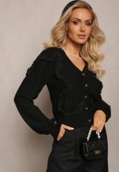 Czarny Kardigan Zapinany z Ozdobnymi Falbankami Diselda. Czarne kardigany damskie Renee, na zimę, bez wzorów, bez kołnierzyka, bez ramiączek, bez kaptura. Za 129.99 zł.