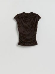 Bluzka z drapowaniem - ciemnobrązowy. Brązowe bluzki damskie Reserved, l, bez wzorów, z dzianiny, bez kołnierzyka, bez ramiączek. Za 79.99 zł.