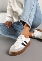 Biało-Czarne Sneakersy Tenisówki Ozdobione Paskami Sovresia. Białe trampki i tenisówki damskie Renee, z aplikacjami, bez zapięcia. Za 109.99 zł.